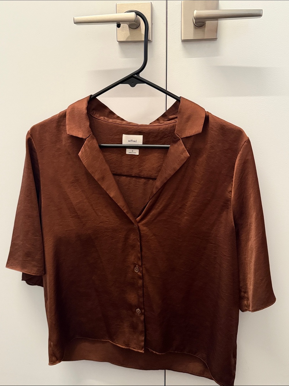 Aritzia Satin Short-Sleeve Blouse in Copper Brown - Size medium